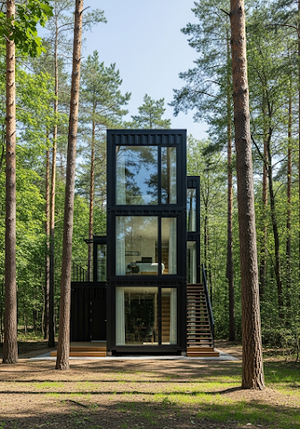 Modern Black Container Home in Forest Setting
