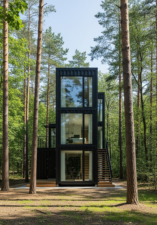 Modern Black Container Home in Forest Setting