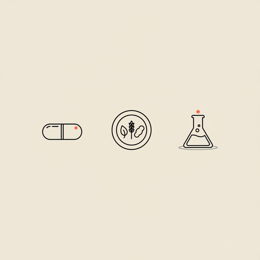 Minimalist Tonum-style line icons of a capsule, balanced food plate, and lab beaker on beige background for bariatric vitamins comparison
