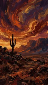 Impressionistic Desert Dusk with Lone Cactus Silhouette