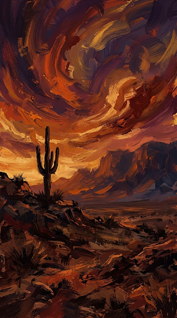 Impressionistic Desert Dusk with Lone Cactus Silhouette - Free mobile Wallpaper
