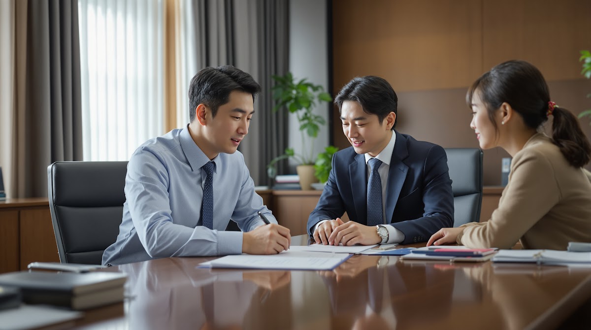 국가유공자 보상금 정책 변화로 인한 문의와 법적 분쟁에 대비해 <strong>변호사</strong>가 유공자 및 가족에게 상담을 제공하는 장면. 상담실에서 공식 서류와 법률 자료를 검토하며, <strong>변호사</strong> 상담을 통해 이의신청 및 구제 절차를 안내하는 실제 상황