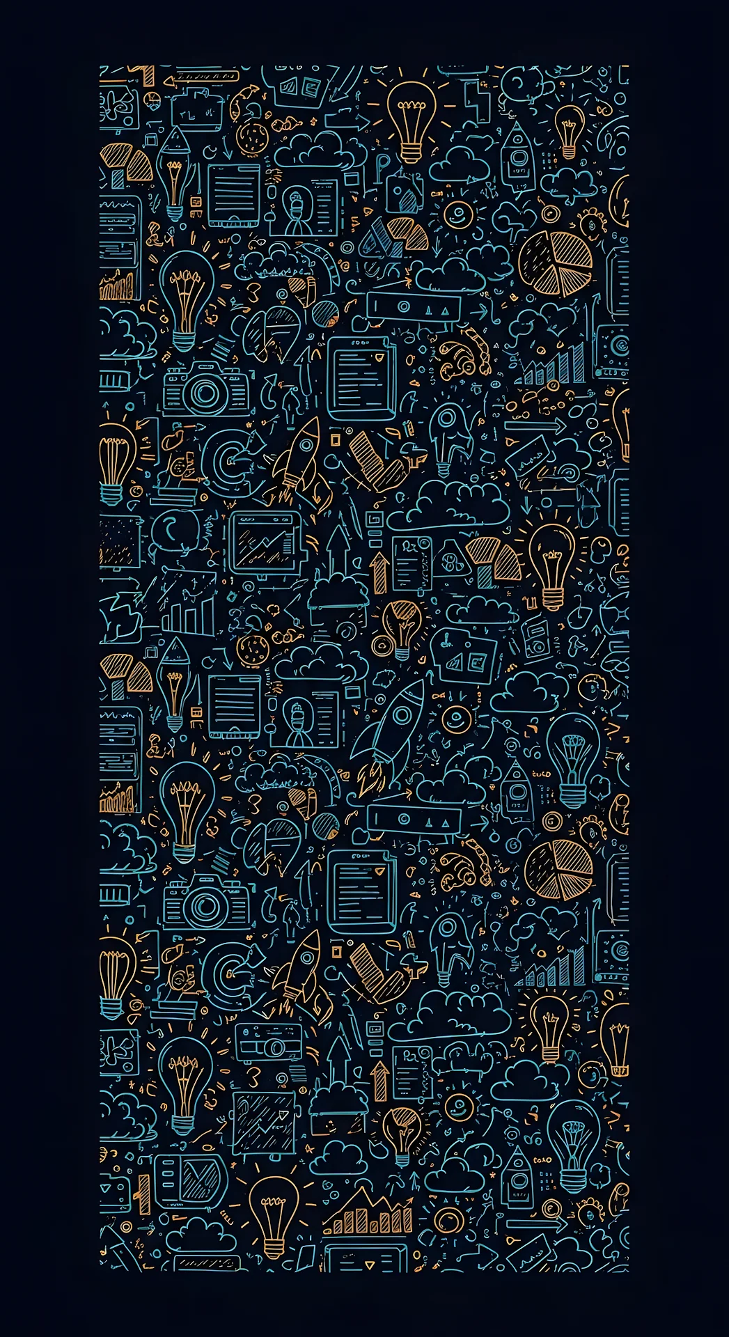 Seamless Pattern of Tech and Idea Doodles in Teal and Gold on a Dark Background - Free 4K mobile Wallpaper