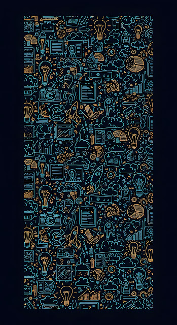 Seamless Pattern of Tech and Idea Doodles in Teal and Gold on a Dark Background - Free mobile Wallpaper
