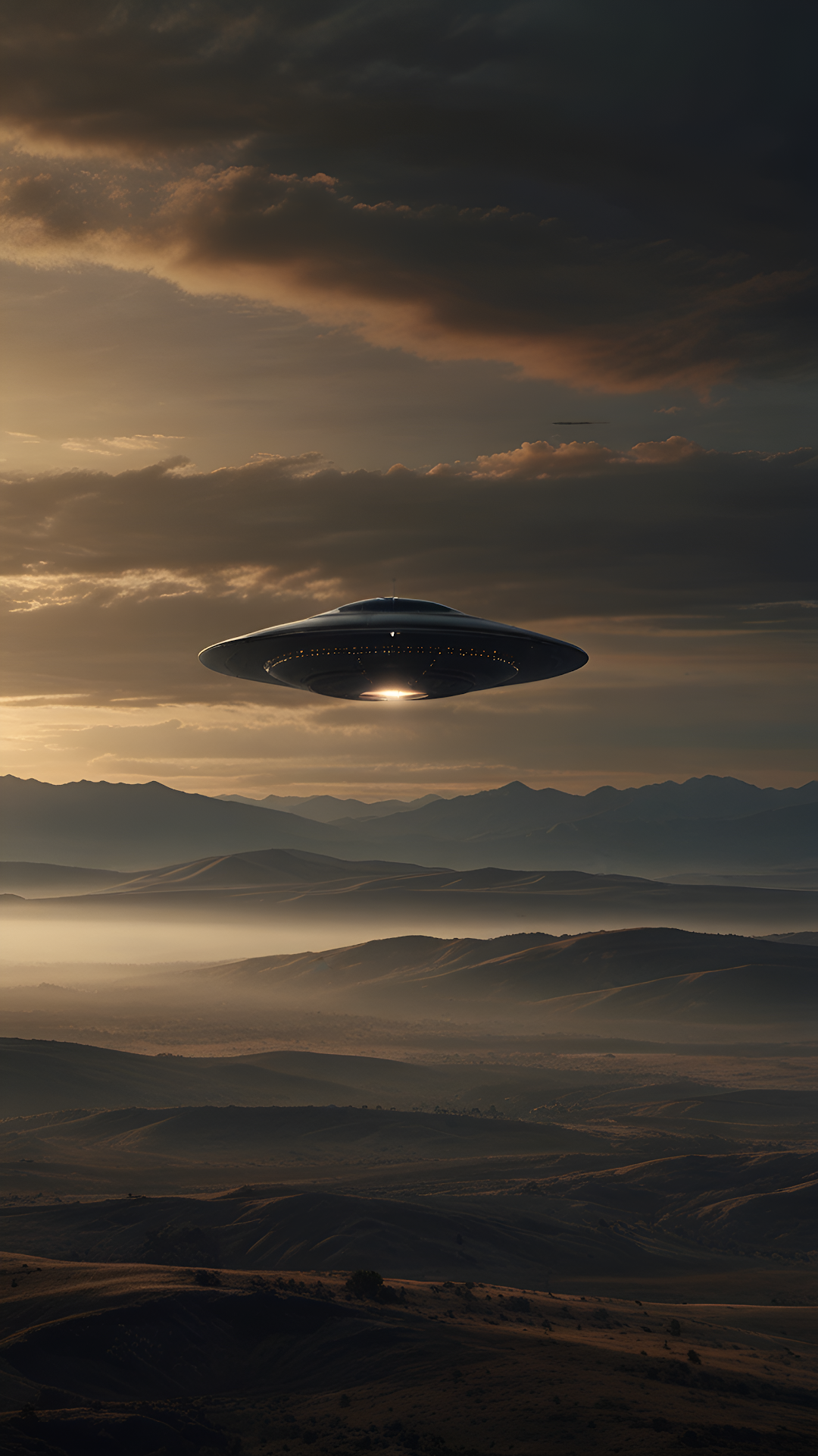 UFO Flying Saucer Mysterious Mountain Sunset Landscape - Free 4K mobile Wallpaper