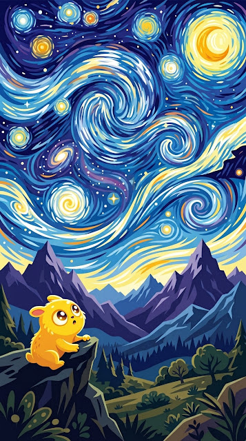 Stylized Yellow Creature in Starry Night Landscape Illustration - Free mobile Wallpaper