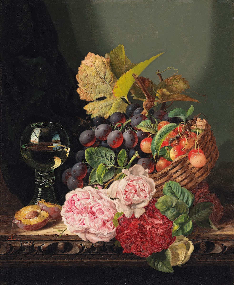 Still life with peonies and a glass of wine