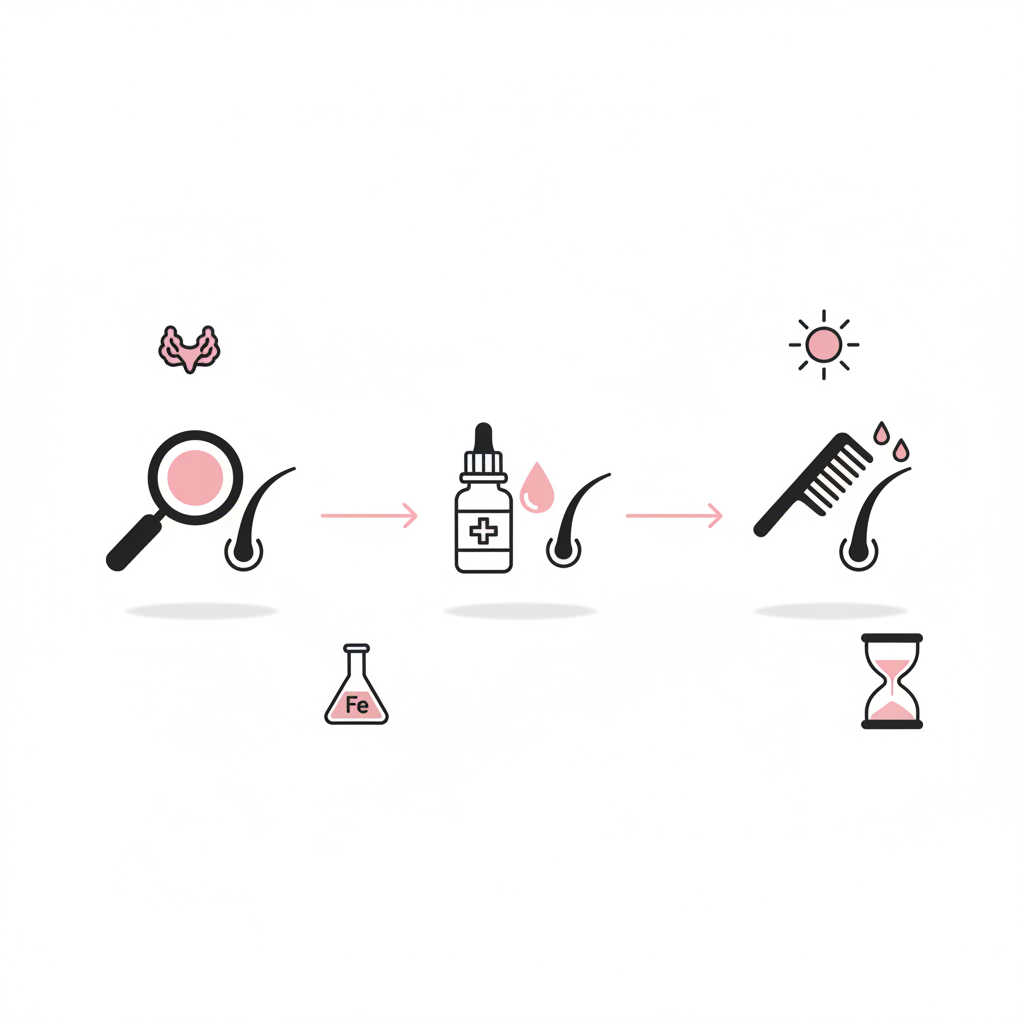 Minimalistische 2D-Vektor-Infografik zu Haarbruch mit 3-Schritte-Illustration (Testen, Behandeln, Pflegen) und Icons: Schilddrüse, Eisenfläschchen, Vitamin-D-Sonne, Sanduhr