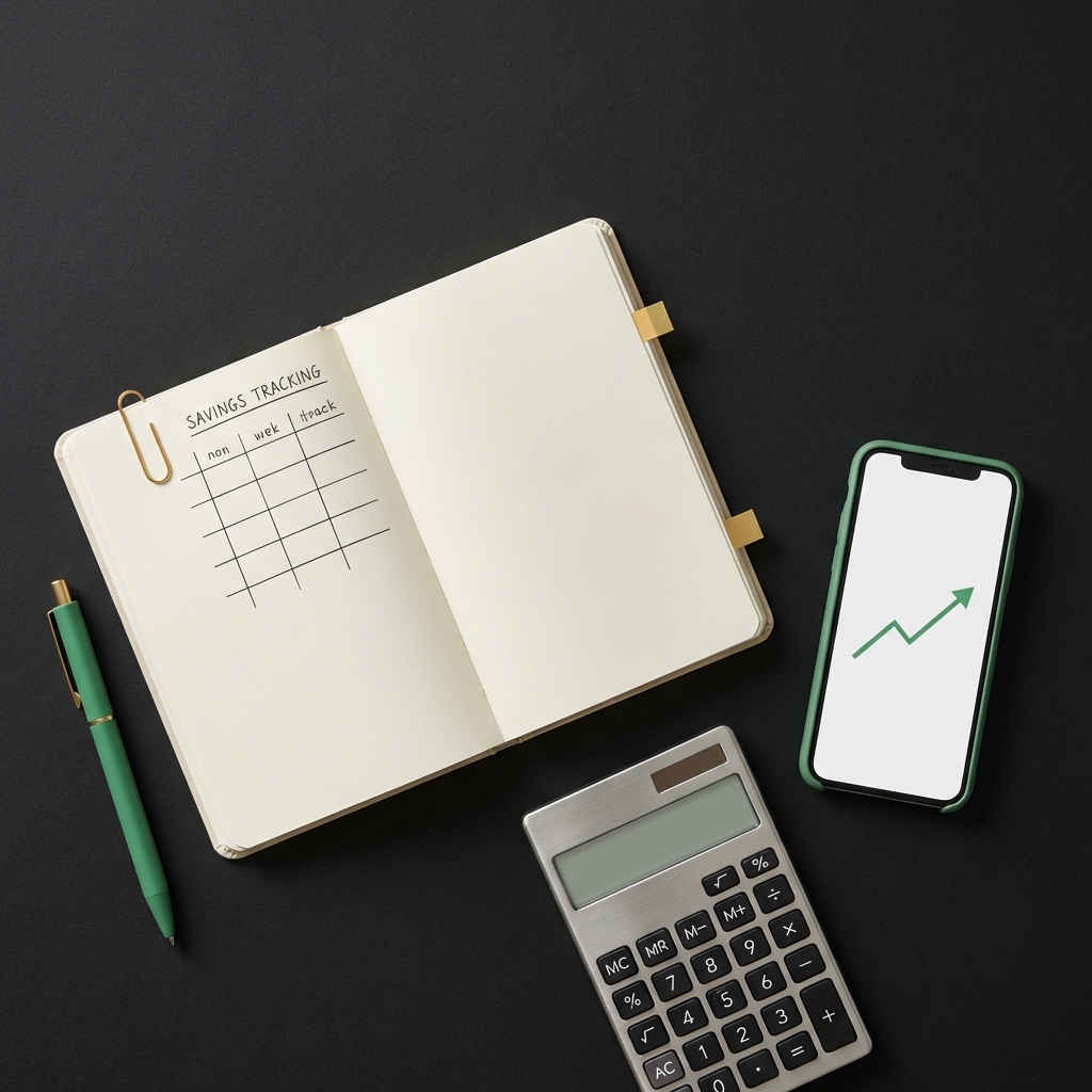 Flat lay of notebook pen calculator and smartphone with simple graph to illustrate invest $1000 a month for 5 years on dark background with green accent