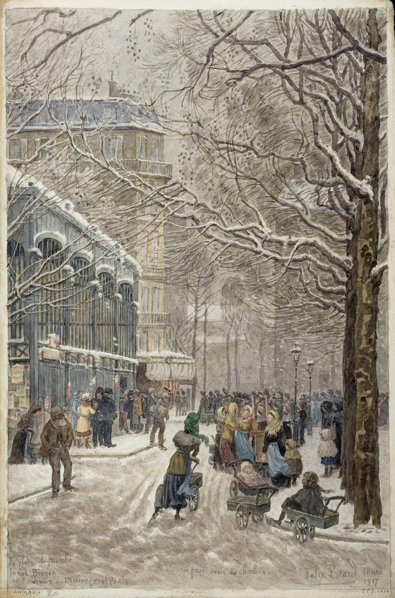 La place du Marché la rue Brézin et lavenue du Maine 1917