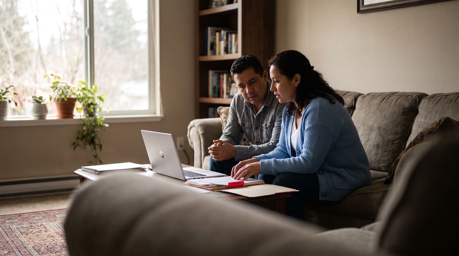 Pareja hispana revisando una estrategia combinada de seguro de vida herencia universidad florida y plan 529 en casa