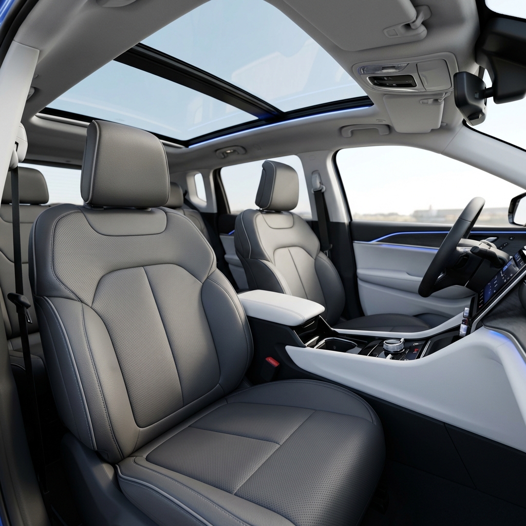 Full frame Jeep interior with massaging leather seats and panoramic roof highlighting premium options at a car dealership near me jeep