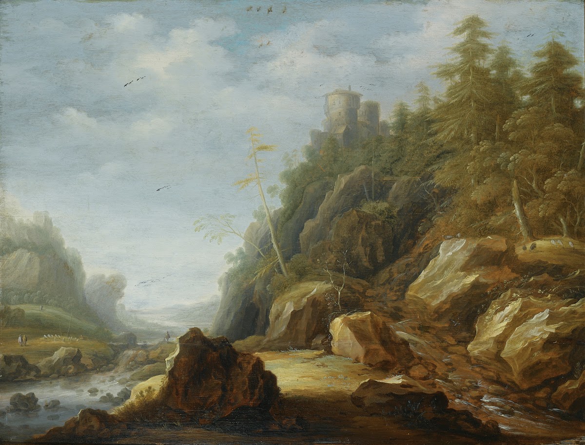 A Rocky Mountain Landscape With A Stronghold On A Hill TopShepherdsWith Their Fl
