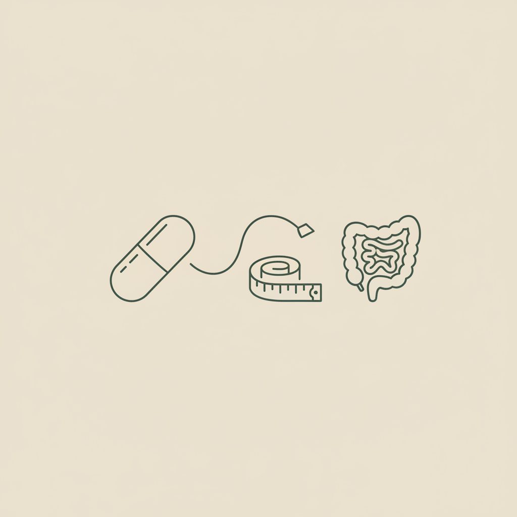 Minimal Tonum-style line illustration of a capsule, tape-measure and stylized gut on beige background — What probiotics will shrink belly fat?