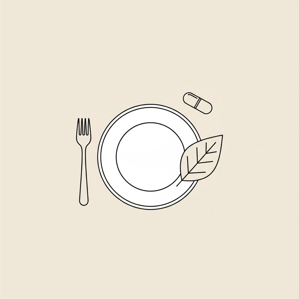 Minimal Tonum-style line illustration of a plate, fork, capsule and leaf representing food, supplements and natural ingredients for insulin resistance causes