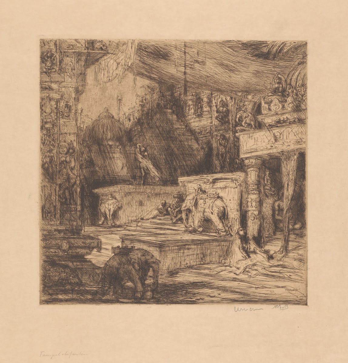 Olifanten en figuren bij een tempel c 1877   c 1932