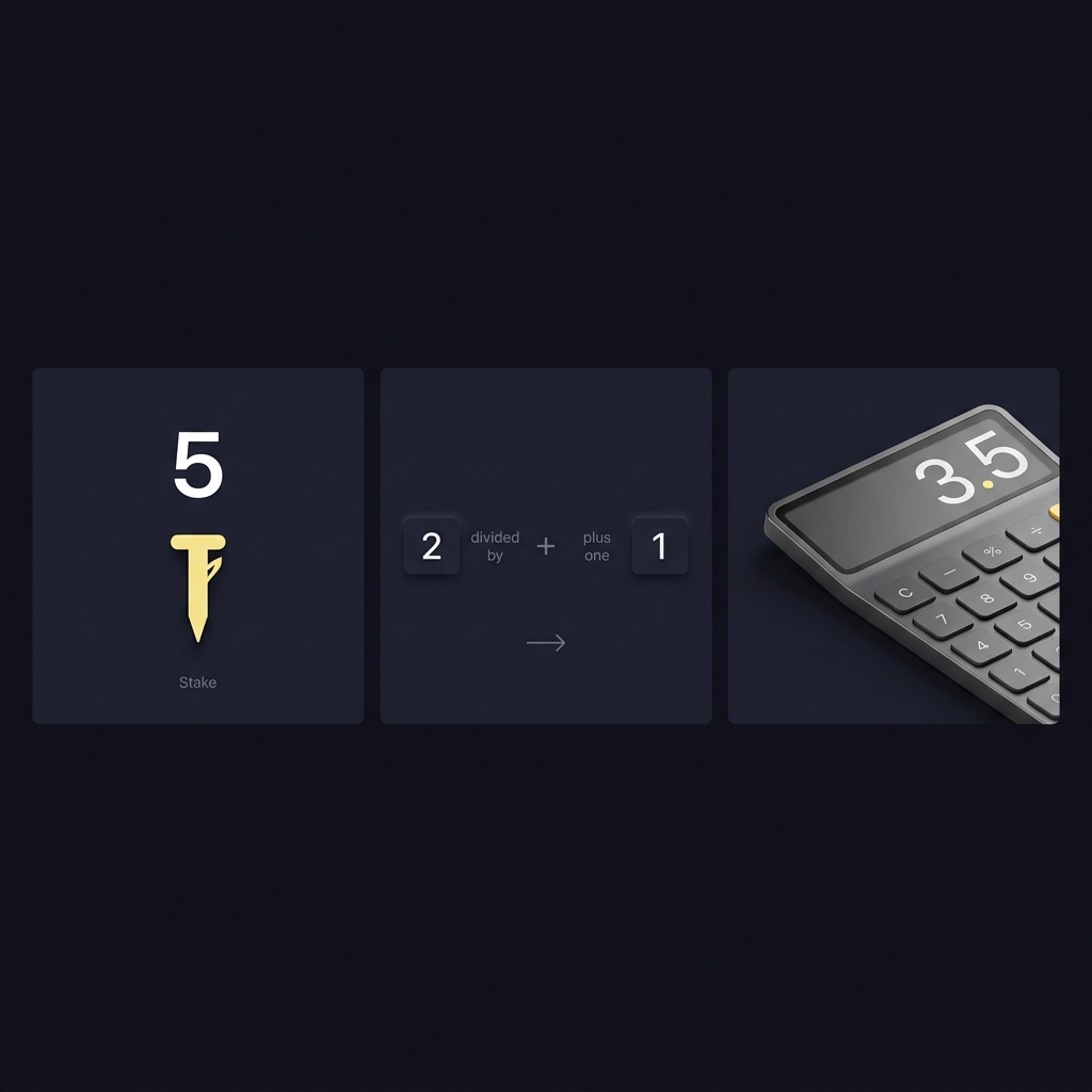 Minimal step by step visual showing conversion to odds as decimal five divided by two plus one equals three point five with a calculator and stake icon on a Funded Plays dark branded background