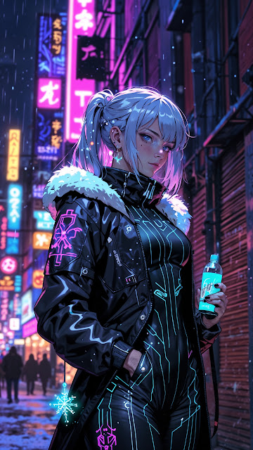 Cyberpunk Woman with Glowing Jacket in Rain - Free mobile Wallpaper