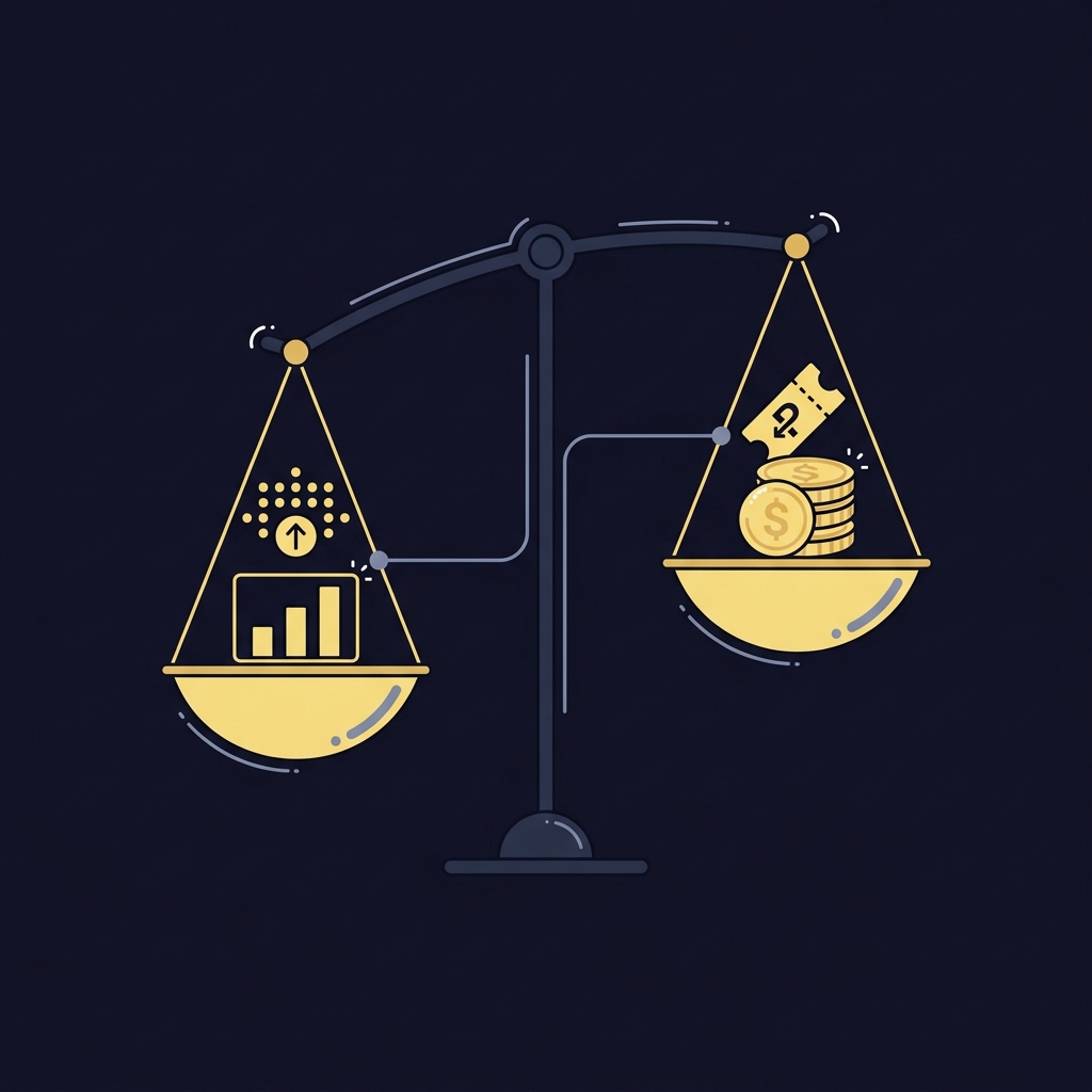 Minimalist 2D vector balance scale comparing variance and parlay cost conceptual infographic for round robin odds calculator on dark Funded Plays palette