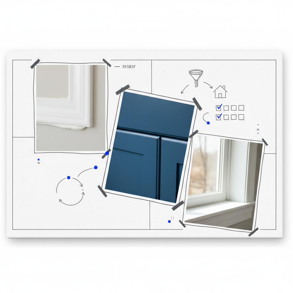 Notebook-style white page with sketched frames and photo-like close-ups of crisp trim lines, painted cabinet edges and window sill &mdash; how do i advertise my painting business