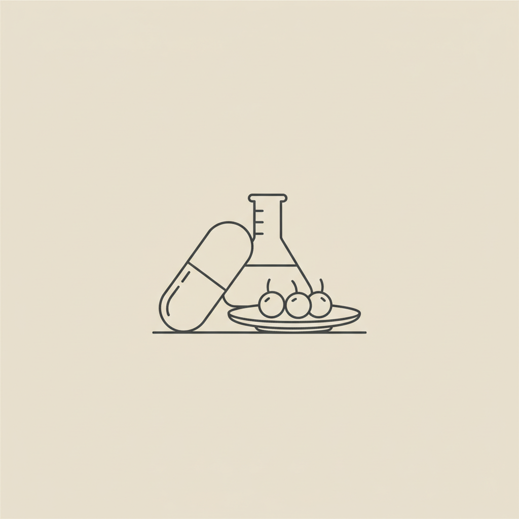 Minimalist Tonum-style line illustration of a capsule, plate with three berries, and a small beaker on beige background referencing probiotics and medications research