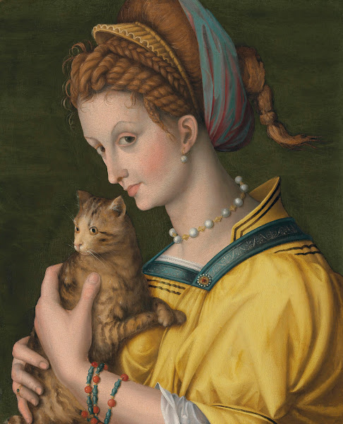 Portrait of a young lady holding a cat circa 1525