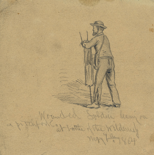 Wounded soldier leaning on a pitchfork at Battle of the Wilderness May 7 1864 18