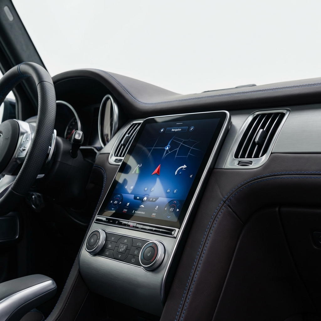 Close interior shot of a post 2019 Mercedes G Class dashboard and infotainment showing modern screens and controls g wagon for sale
