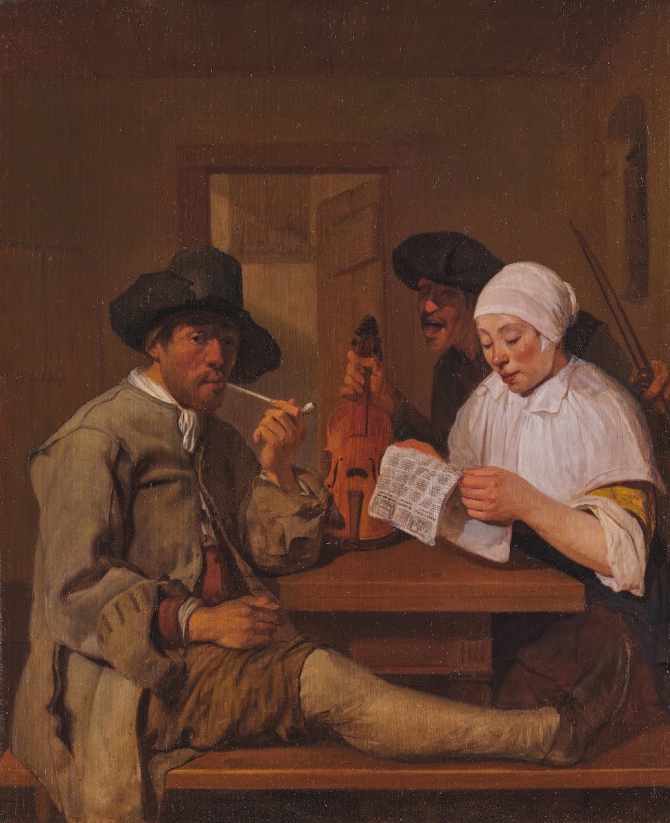 Interior with a man smoking a pipe a woman reading and a man with a violin