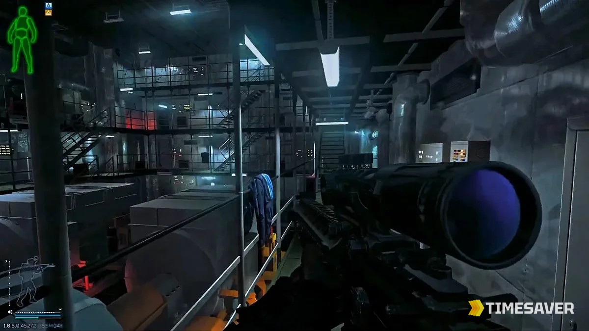 Interior of the Boreas icebreaker in Escape from Tarkov 1.0.5 — a cramped, multi-level industrial ship interior of catwalks, metal staircases and crates where close-quarters fights happen