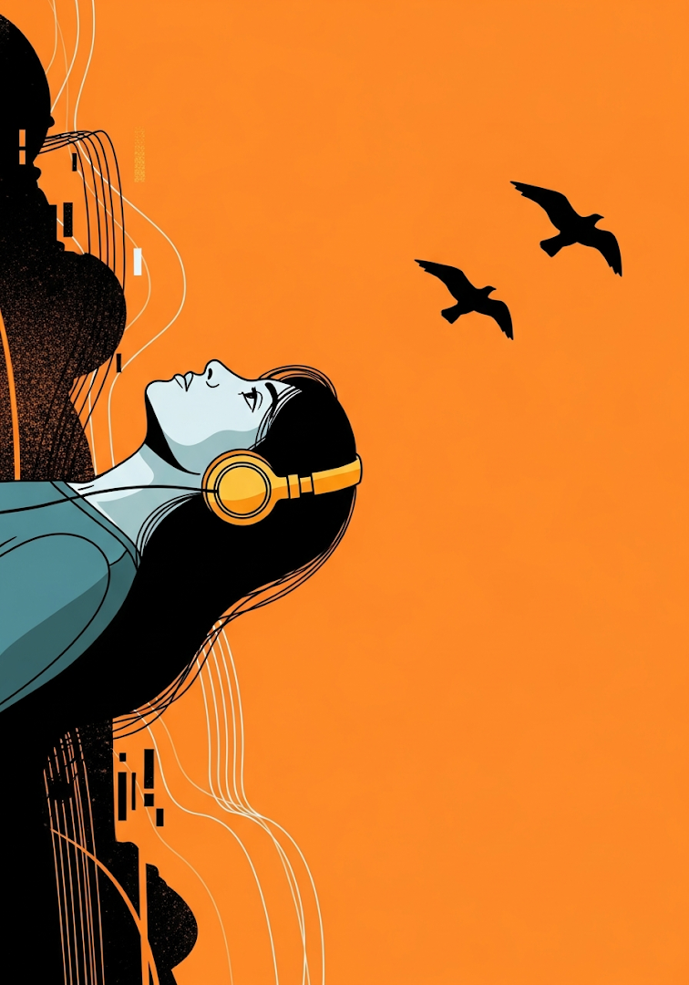 Headphone Girl Orange Sky