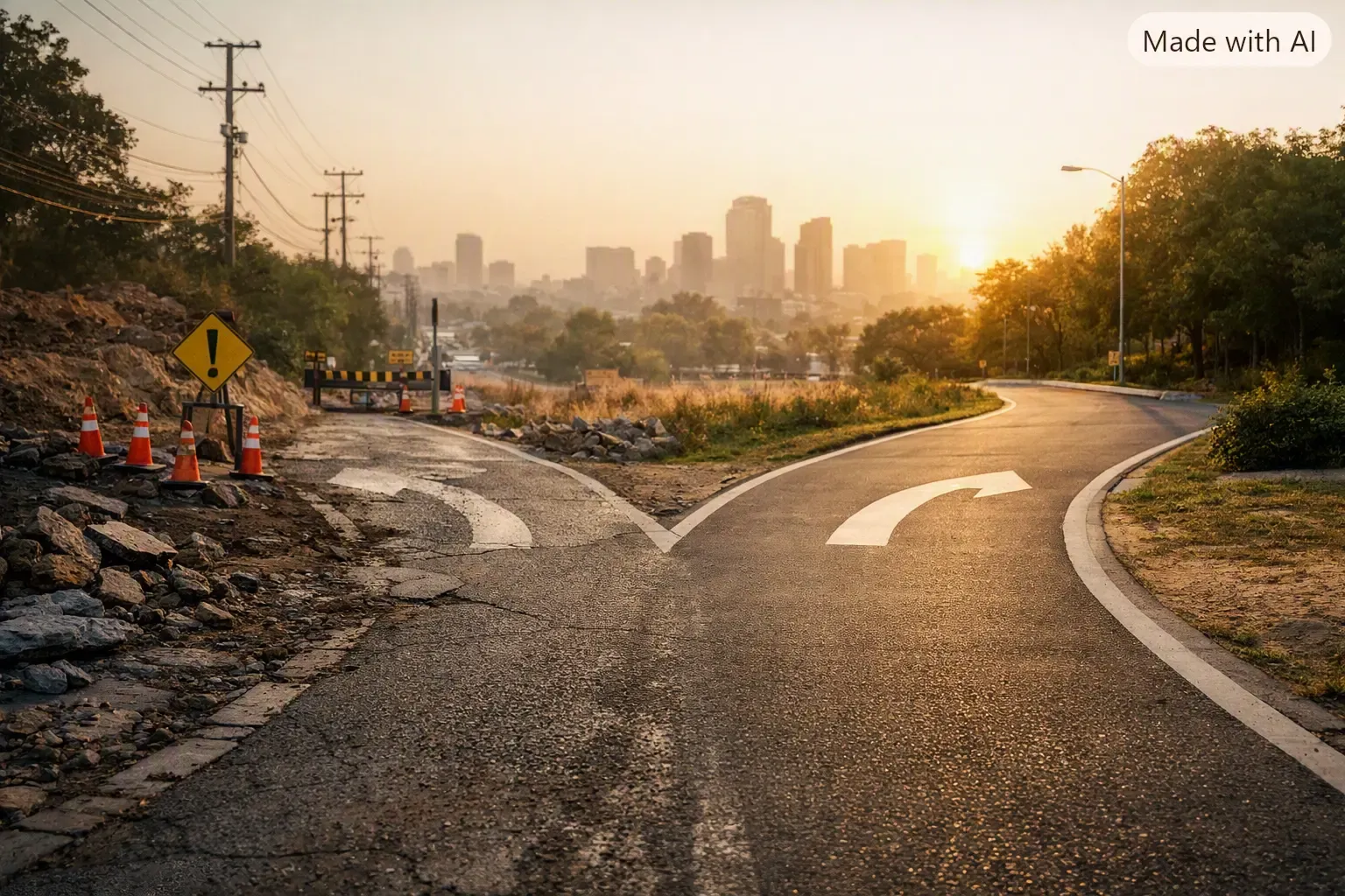Camino urbano con bifurcación: a la izquierda el trayecto complicado, con obstáculos y señales de advertencia, y a la derecha un camino limpio y claro que conduce hacia la ciudad iluminada por el sol.