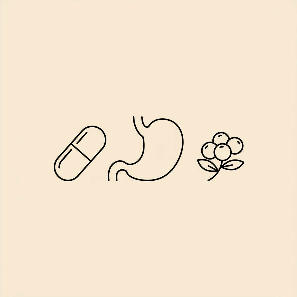 Minimal Tonum-style line illustration of a capsule, stylized stomach outline, and berries on a beige background for probiotics weight loss and gut health articles.