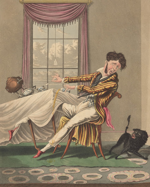 Alarmed man seated at falling table 19th century