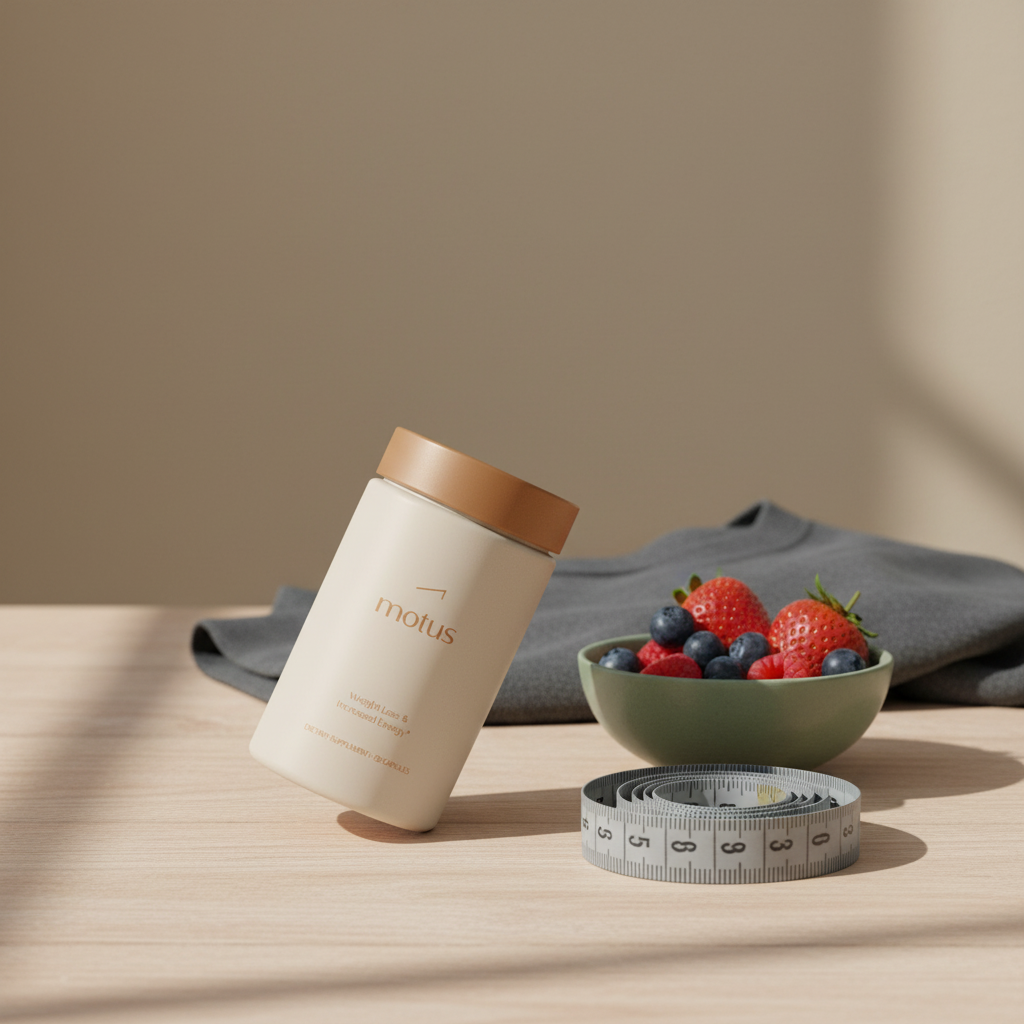 Tonum Motus bottle on light wood table with berries, coiled measuring tape and folded shirt in soft natural light — best weight loss drug
