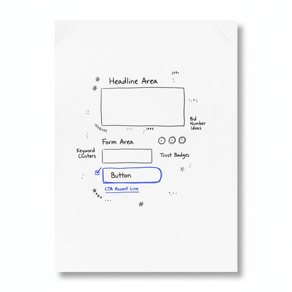 Close-up notebook sketch of a landing page wireframe with headline box, form area and trust-badge sketches, surrounded by illegible keyword clusters and bid-note scribbles for google ads small budget
