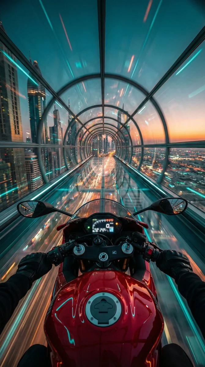 "Motocicleta deportiva futurista roja (perspectiva POV)", "elementos visibles": "Tanque de combustible rojo brillante con tapa de combustible,...
