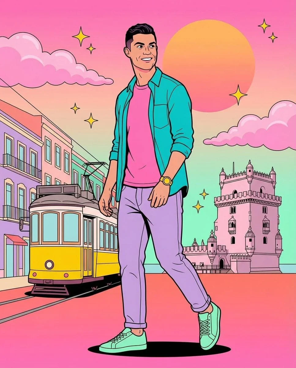 Transforma a la persona de la foto de referencia adjunta en una ilustración de arte pop de los años 80 con colores vibrantes.