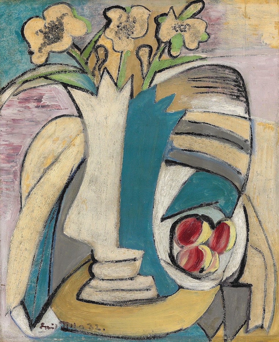 Váza s kyticí a broskve Vase of flowers and peaches 1932