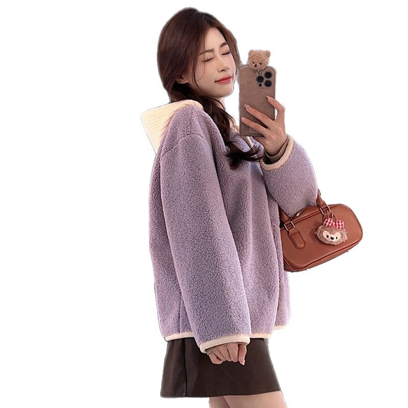 Lamb fleece hoodie for women, casual style