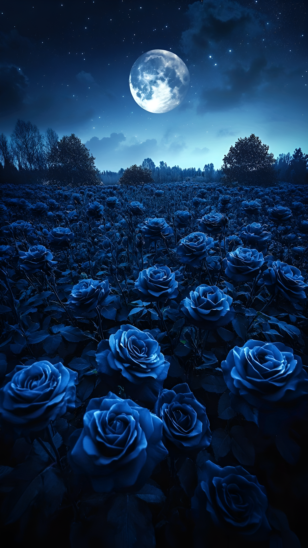 Midnight Blue Roses Field Under Bright Full Moon Sky - Free 4K mobile Wallpaper