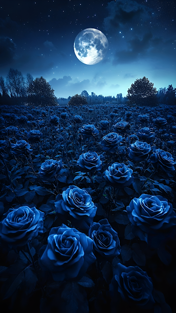 Midnight Blue Roses Field Under Bright Full Moon Sky - Free mobile Wallpaper