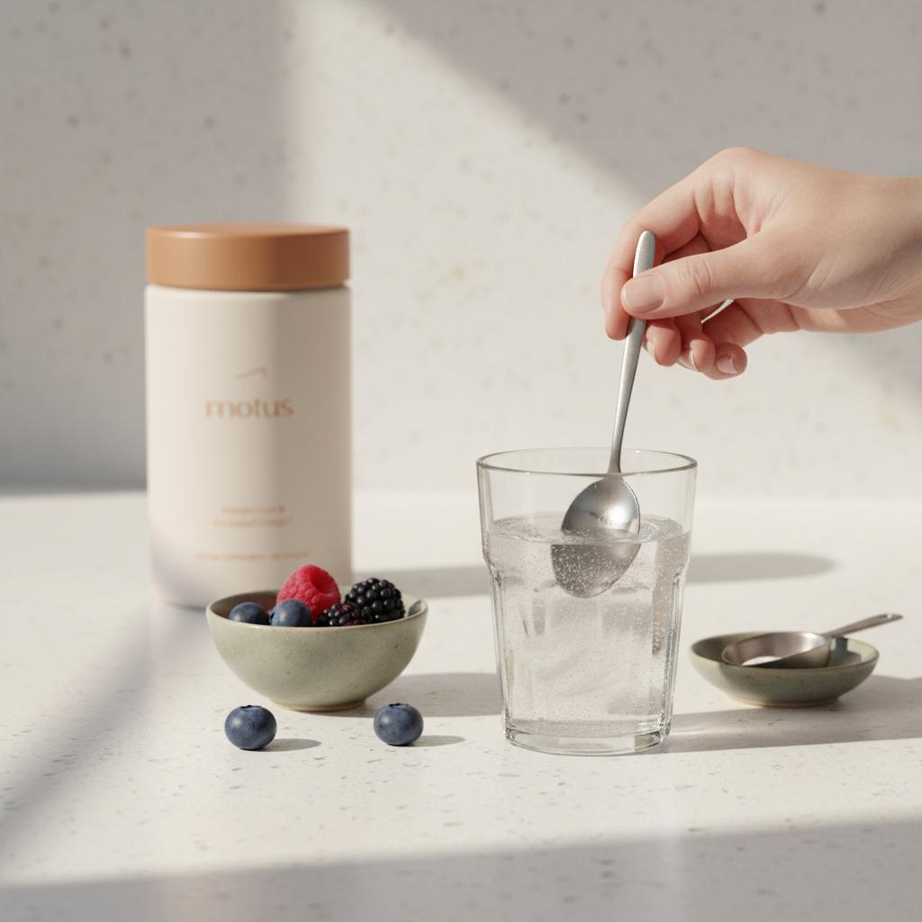 How to take Metamucil for appetite control — Tonum Motus container beside a glass being stirred to mix psyllium powder on a minimalist kitchen counter with berries