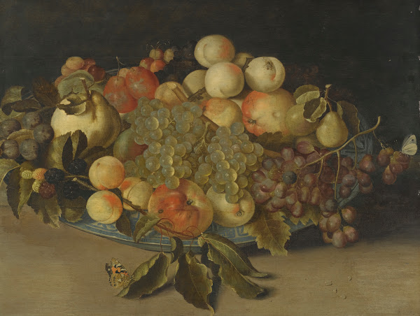 Sill Life With Blackberries Apples Peaches And Pears In A Chinese Blue And White