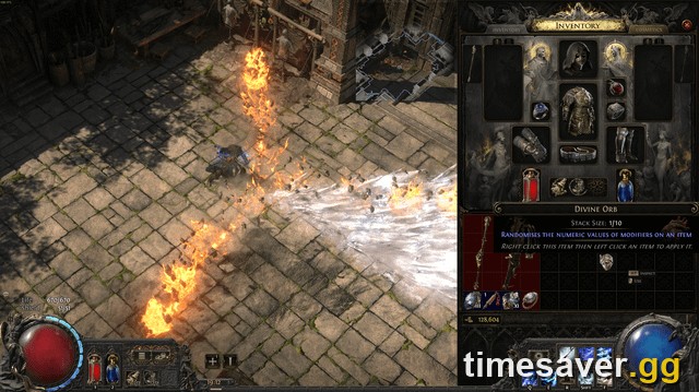 A Divine Orb in a Path of Exile inventory with its tooltip — the currency every farm is trying to stack