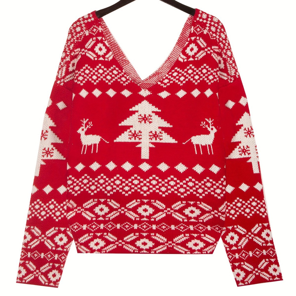 Damen-Strickpullover mit V-Ausschnitt und Schneeflockenmuster