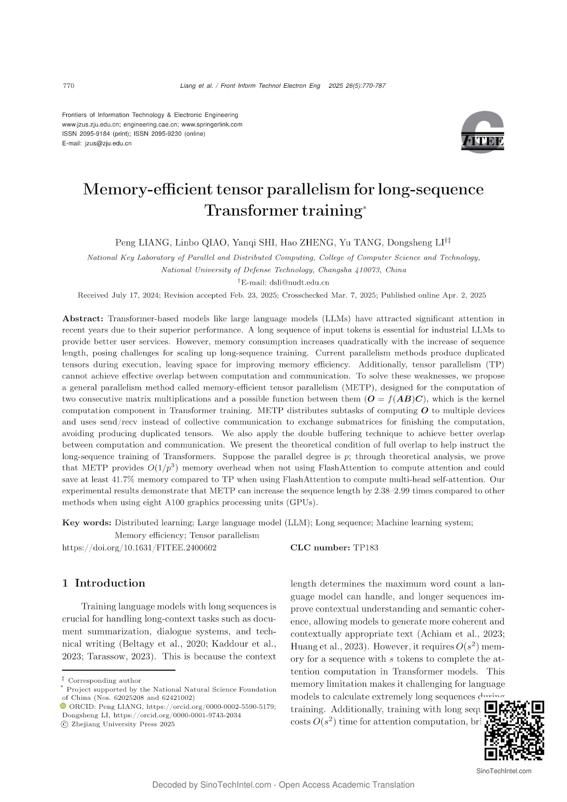 Memory-efficient tensor parallelism for long-sequence Transformer training