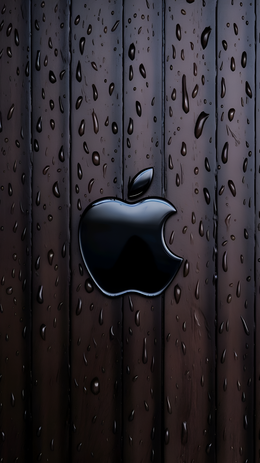 Glossy Apple Logo Raindrops Dark Wood Planks Texture - Free 4K mobile Wallpaper