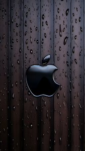 Glossy Apple Logo Raindrops Dark Wood Planks Texture
