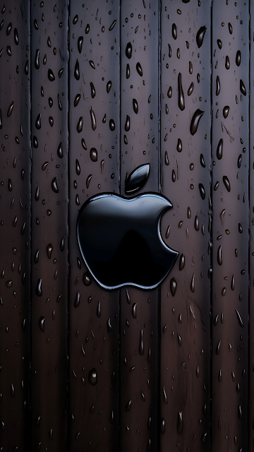 Glossy Apple Logo Raindrops Dark Wood Planks Texture - Free mobile Wallpaper